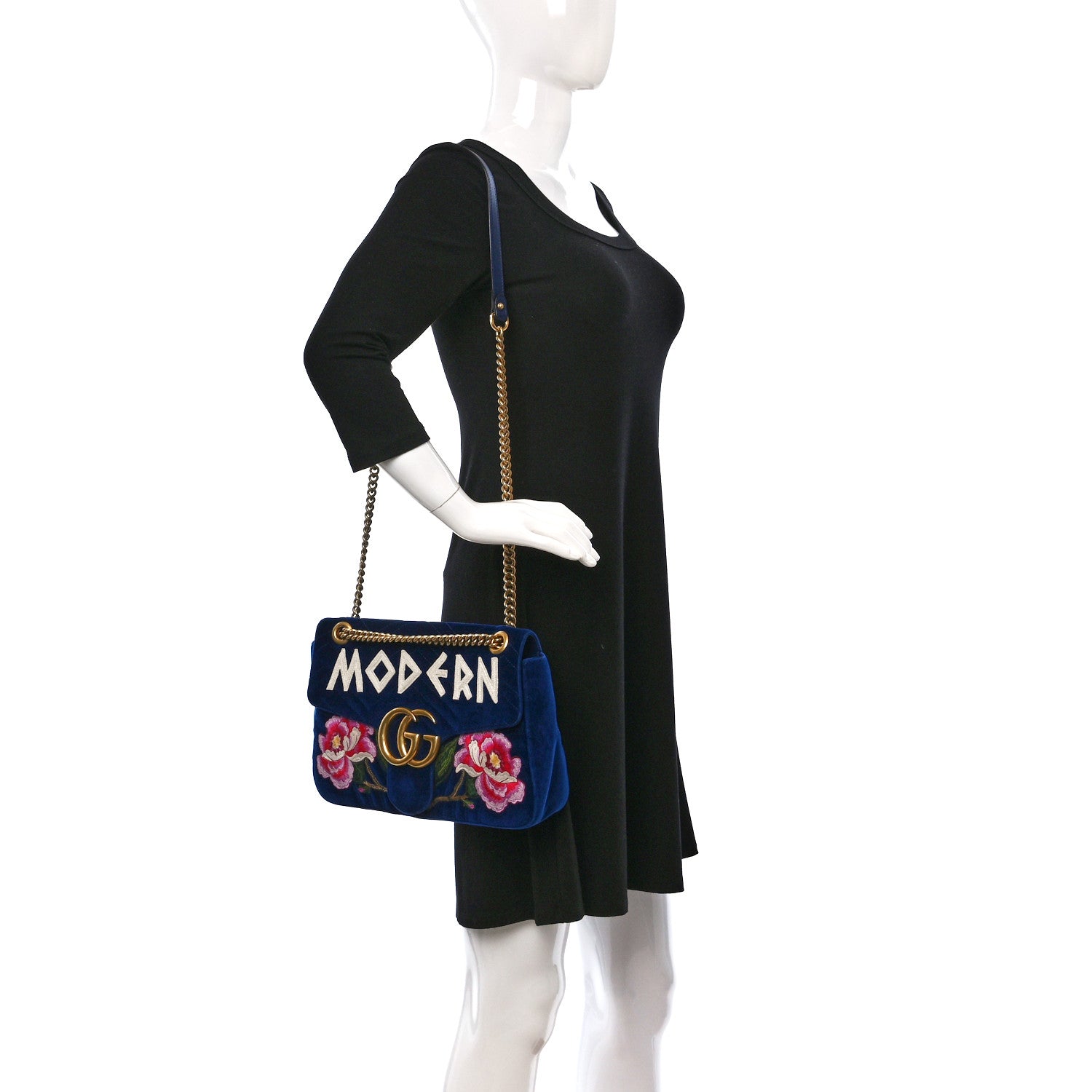 Gucci Velvet Matelasse Modern Embroidered Medium GG Marmont Shoulder Bag Cobalt 2 of 12