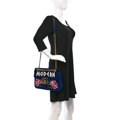 Gucci Velvet Matelasse Modern Embroidered Medium GG Marmont Shoulder Bag Cobalt 2 of 12