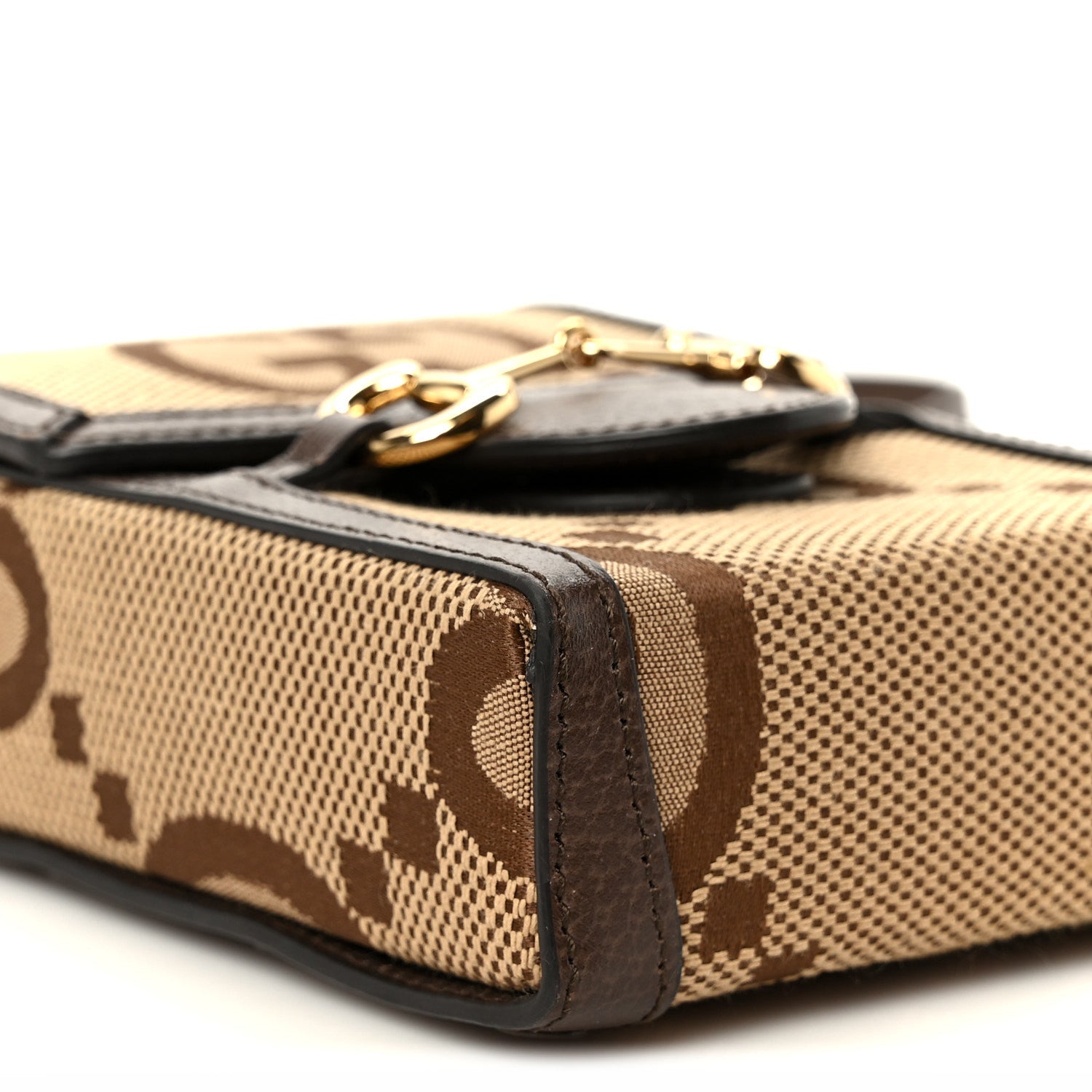 Gucci Monogram Jumbo GG Textured Dollar Calfskin Mini Horsebit 1955 Crossbody Bag Camel Ebony New Acero 9 of 11