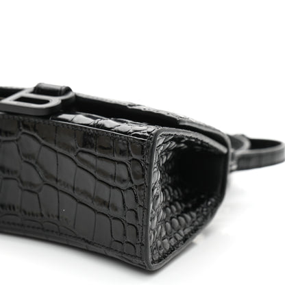 Balenciaga Shiny Calfskin Monochrome Crocodile Embossed Hourglass Top Handle Bag XS Black 8 of 8