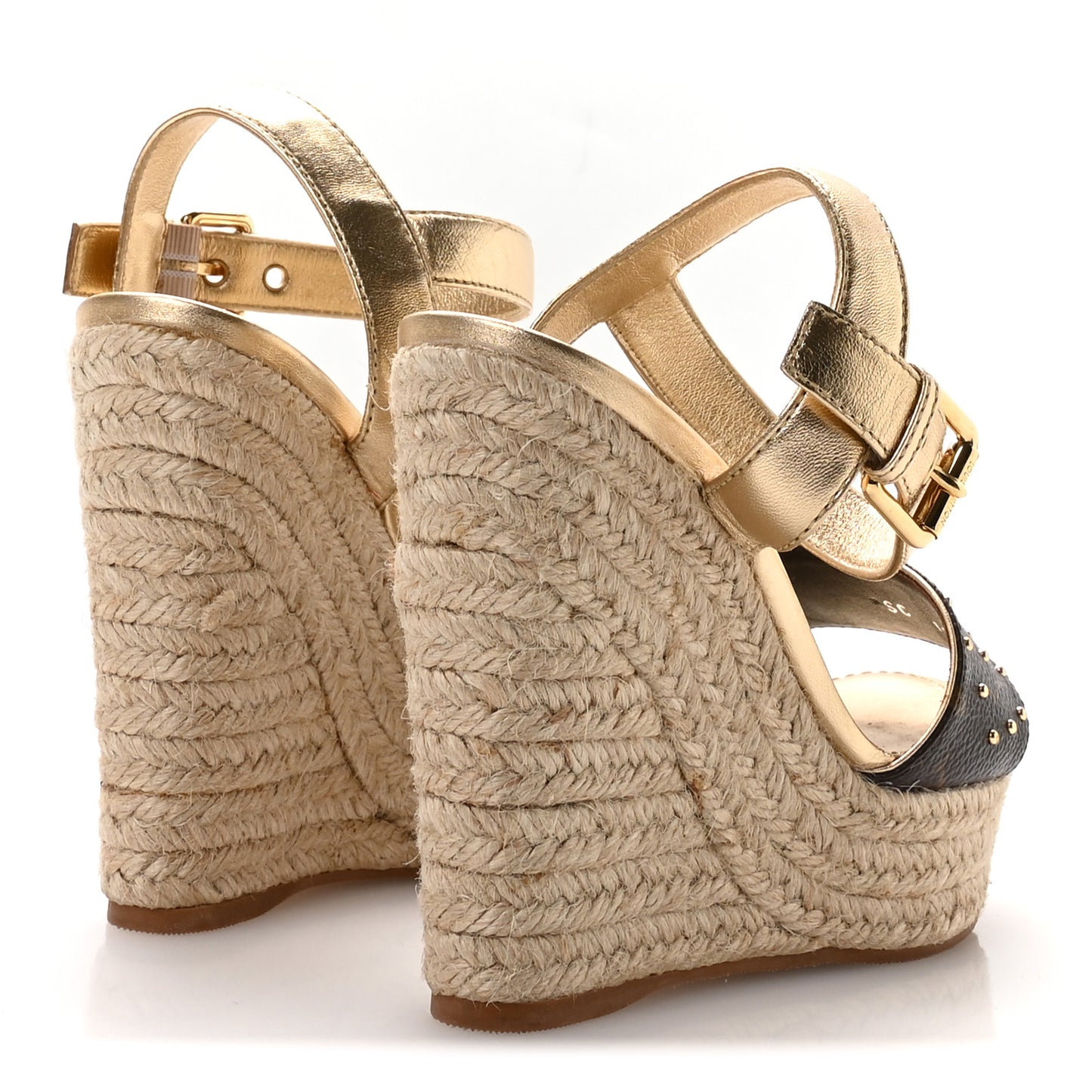 Metallic Monogram Calfskin Studded Wedge Sandals 35 Gold
