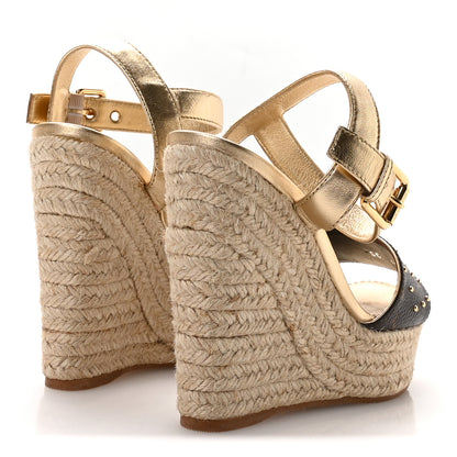 Louis Vuitton Metallic Monogram Calfskin Studded Wedge Sandals 35 Gold 5 of 9