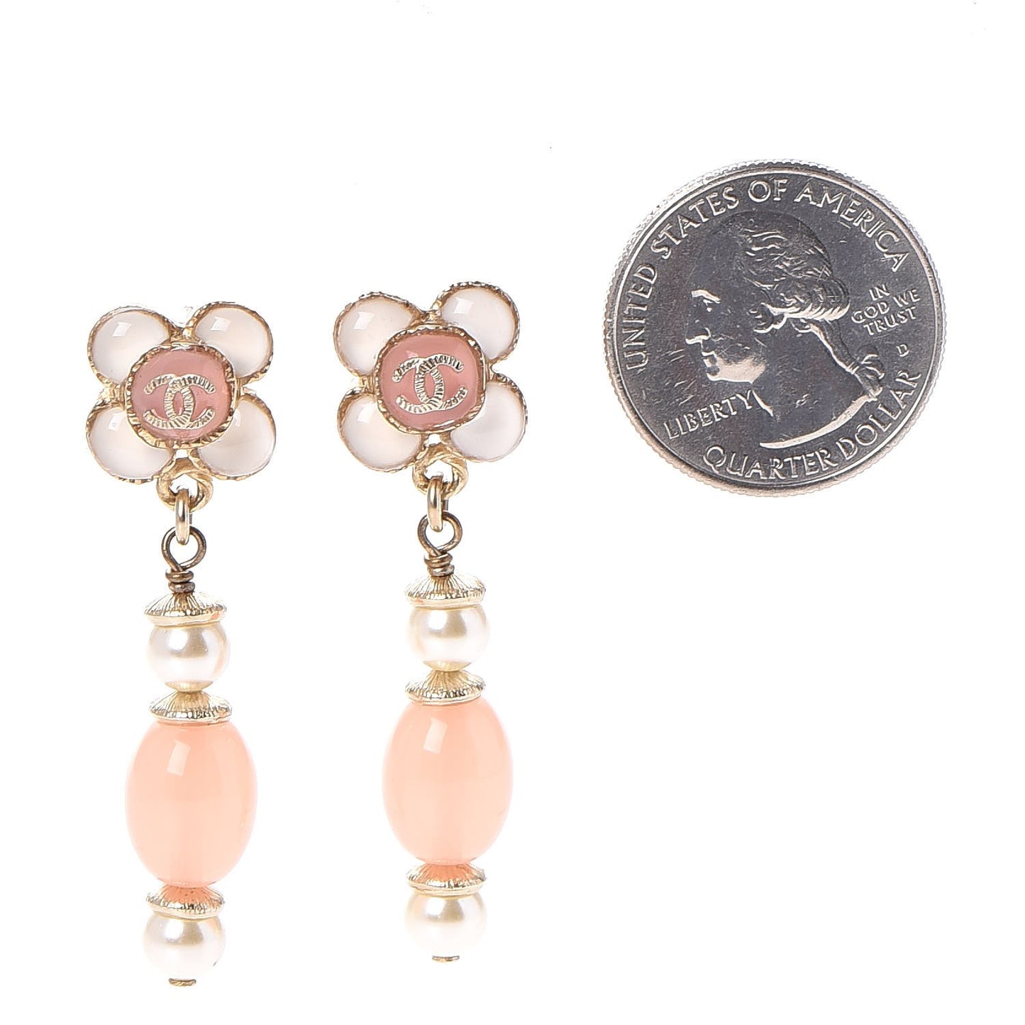 Resin Pearl CC Flower Drop Earrings Pink Beige