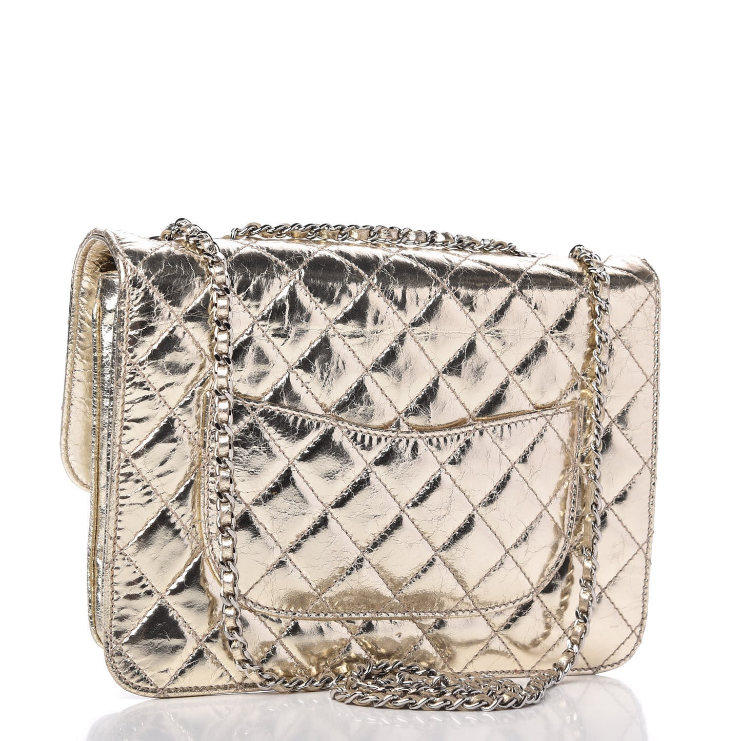 Metallic Crackled Calfskin Medium Clam's Pocket Flap Gold