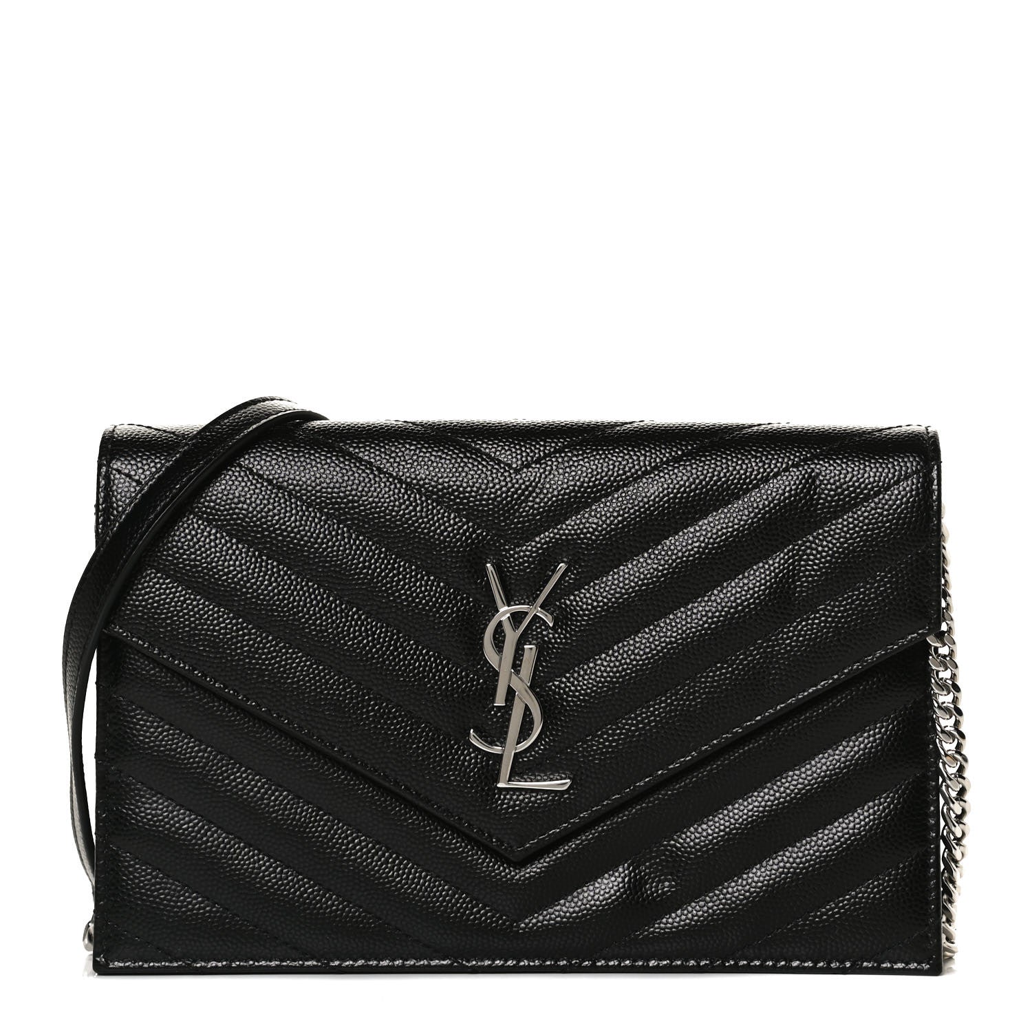 Saint Laurent Grain De Poudre Matelasse Chevron Monogram Envelope Chain Wallet Black 2 of 12