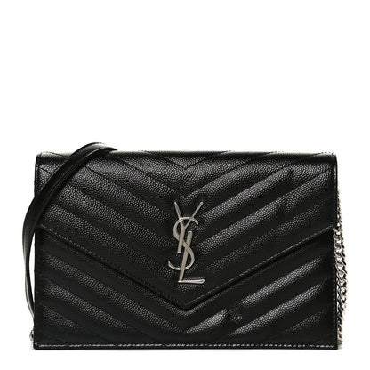 Saint Laurent Grain De Poudre Matelasse Chevron Monogram Envelope Chain Wallet Black 2 of 12