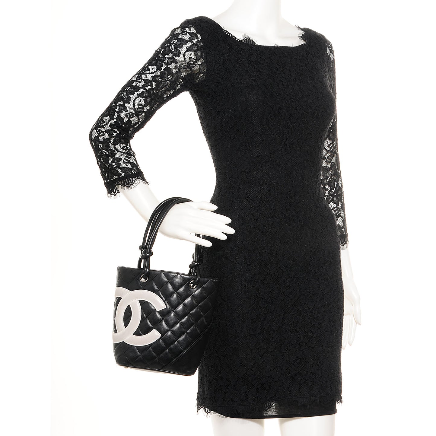 Calfskin Quilted Small Cambon Tote Black White