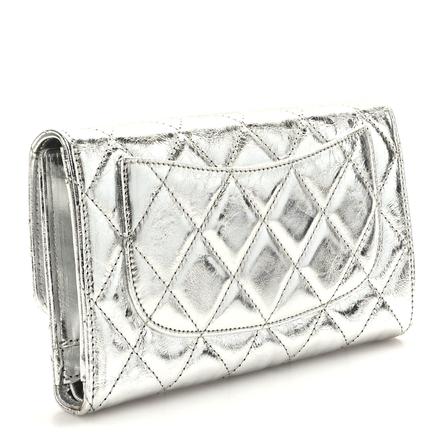 Metallic Aged Calfskin Quilted Reissue Long Flap Wallet Light Silver