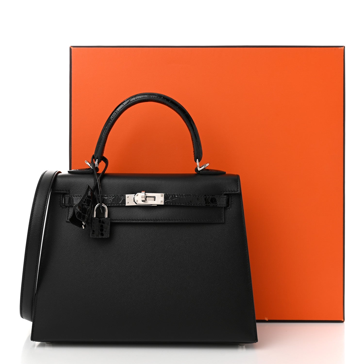 Hermes Madame Calfskin Shiny Niloticus Crocodile Kelly Sellier Touch 25 Black 11 of 11