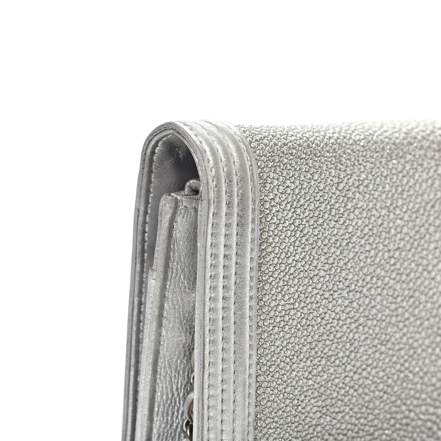 Metallic Galuchat Stingray Lambskin Boy Wallet On Chain WOC Silver