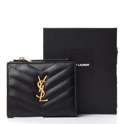 Saint Laurent Grain De Poudre Matelasse Chevron Monogram Zipped Card Case Black 7 of 7