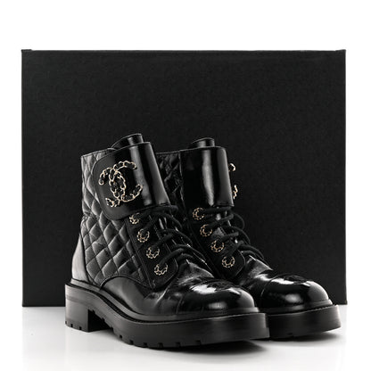Chanel Shiny Calfskin Quilted Lace Up Combat Boots 36.5 Black 11 of 11
