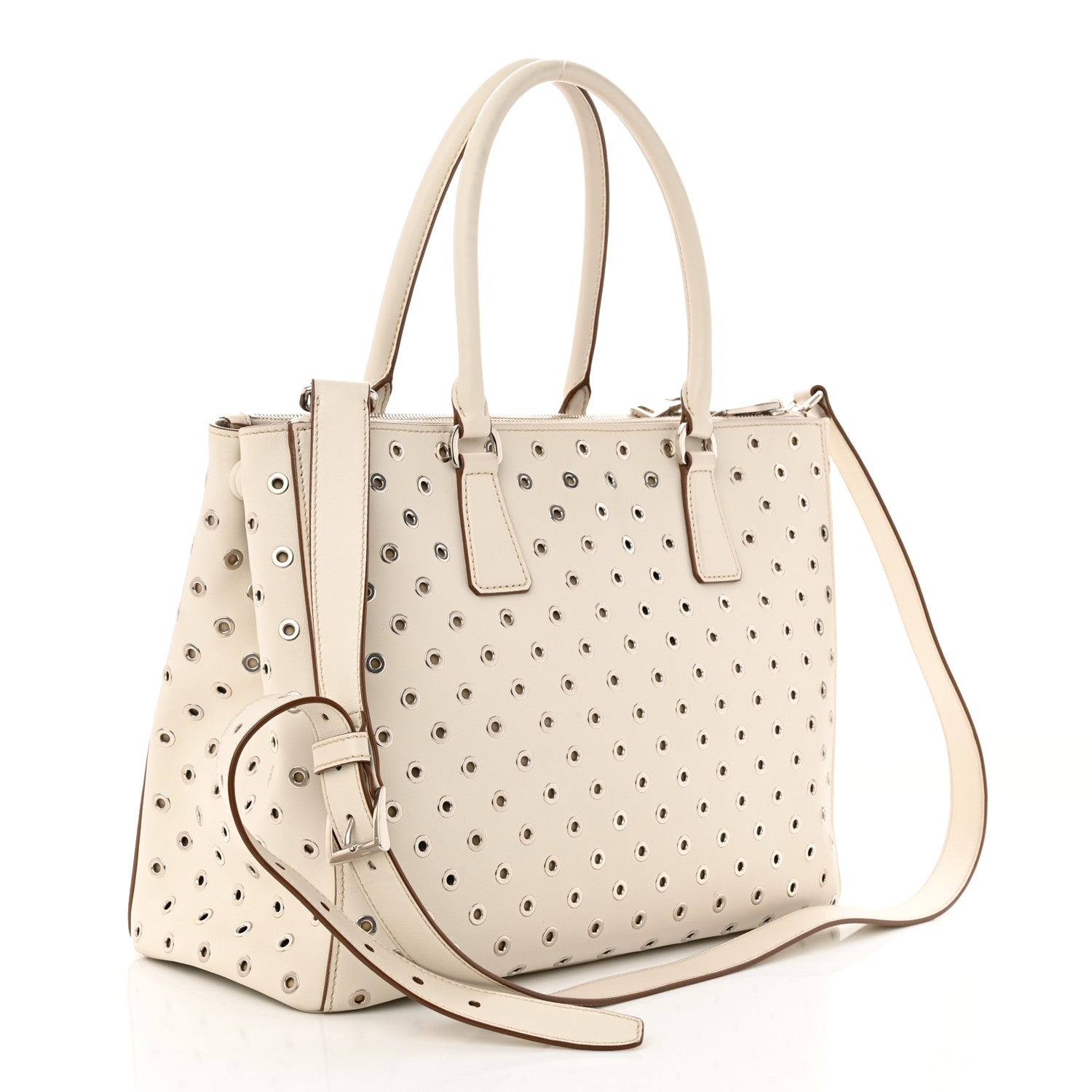 Prada City Calf Grommet Large Double Zip Tote Talco 3 of 12