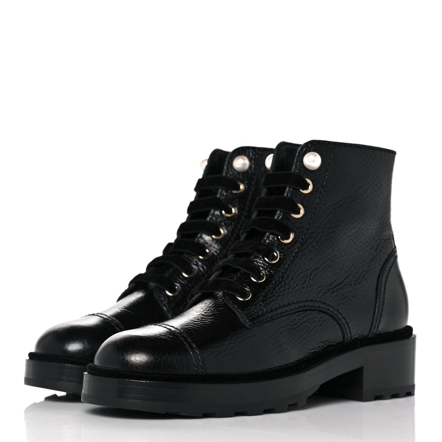 Shiny Calfskin Velvet Pearl Combat Short Boots 37 Black