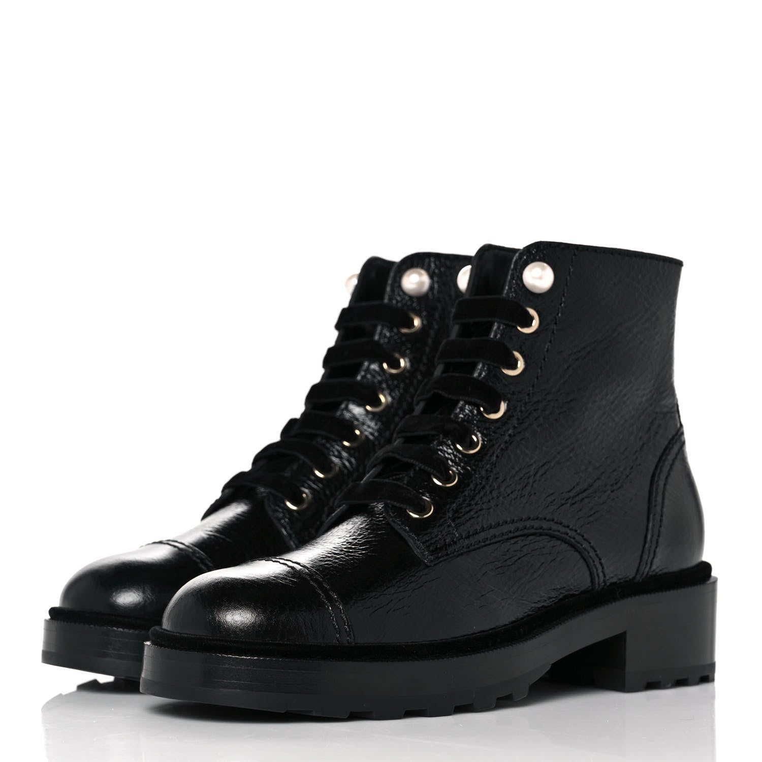 Chanel Shiny Calfskin Velvet Pearl Combat Short Boots 37 Black 3 of 8