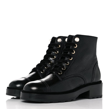 Chanel Shiny Calfskin Velvet Pearl Combat Short Boots 37 Black 3 of 8