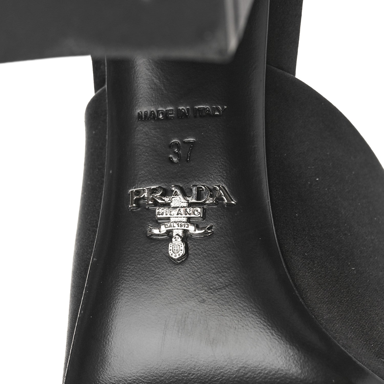 Prada Satin Metal Triangle Logo 85mm Slide Sandals 37 Black 9 of 9