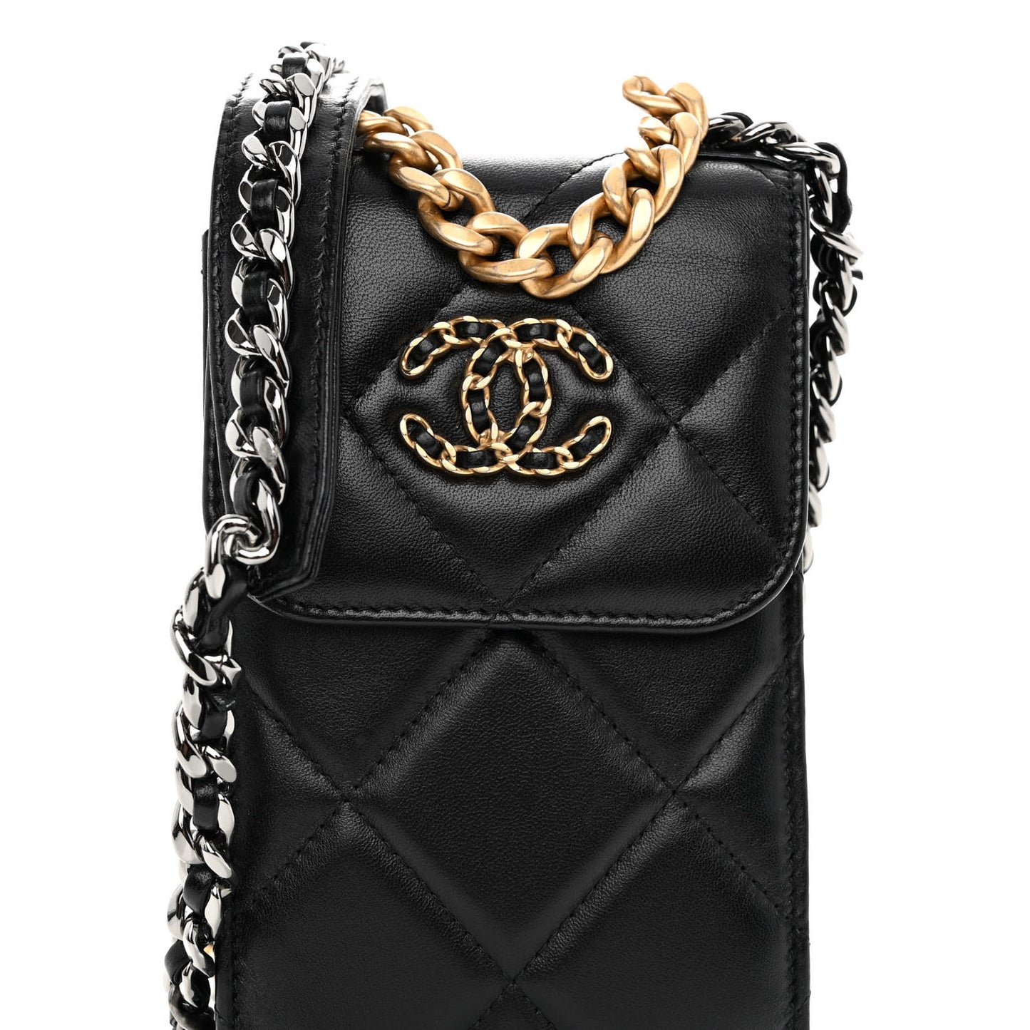 Lambskin Quilted Chanel 19 Phone Holder With Chain Black