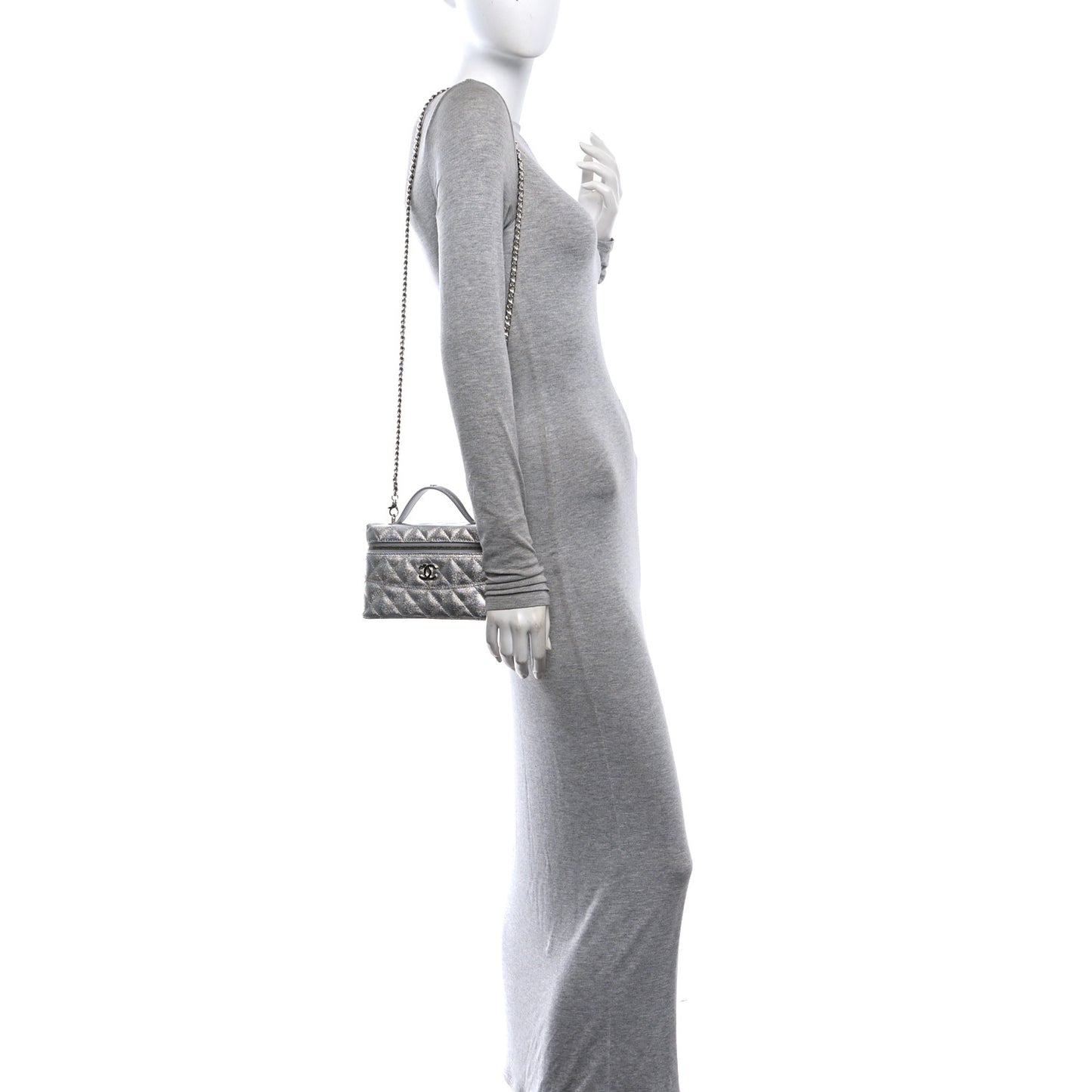 Metallic Caviar Quilted Trendy Handle Slim Vanity Silver