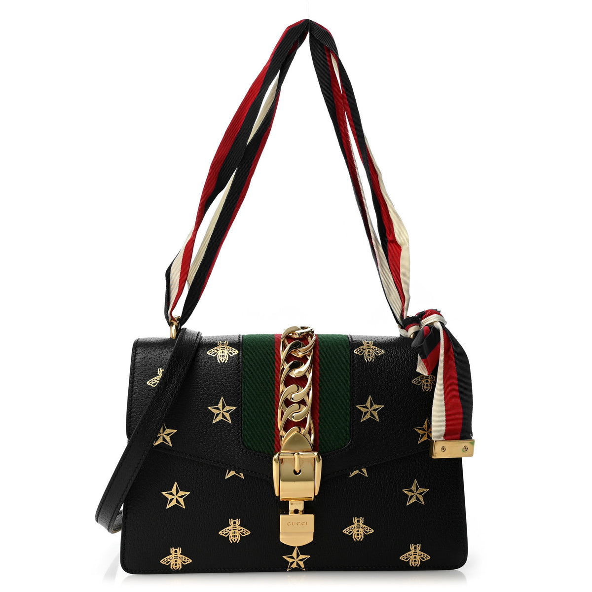 Textured Calfskin Bee Star Print Small Sylvie Shoulder Bag Black