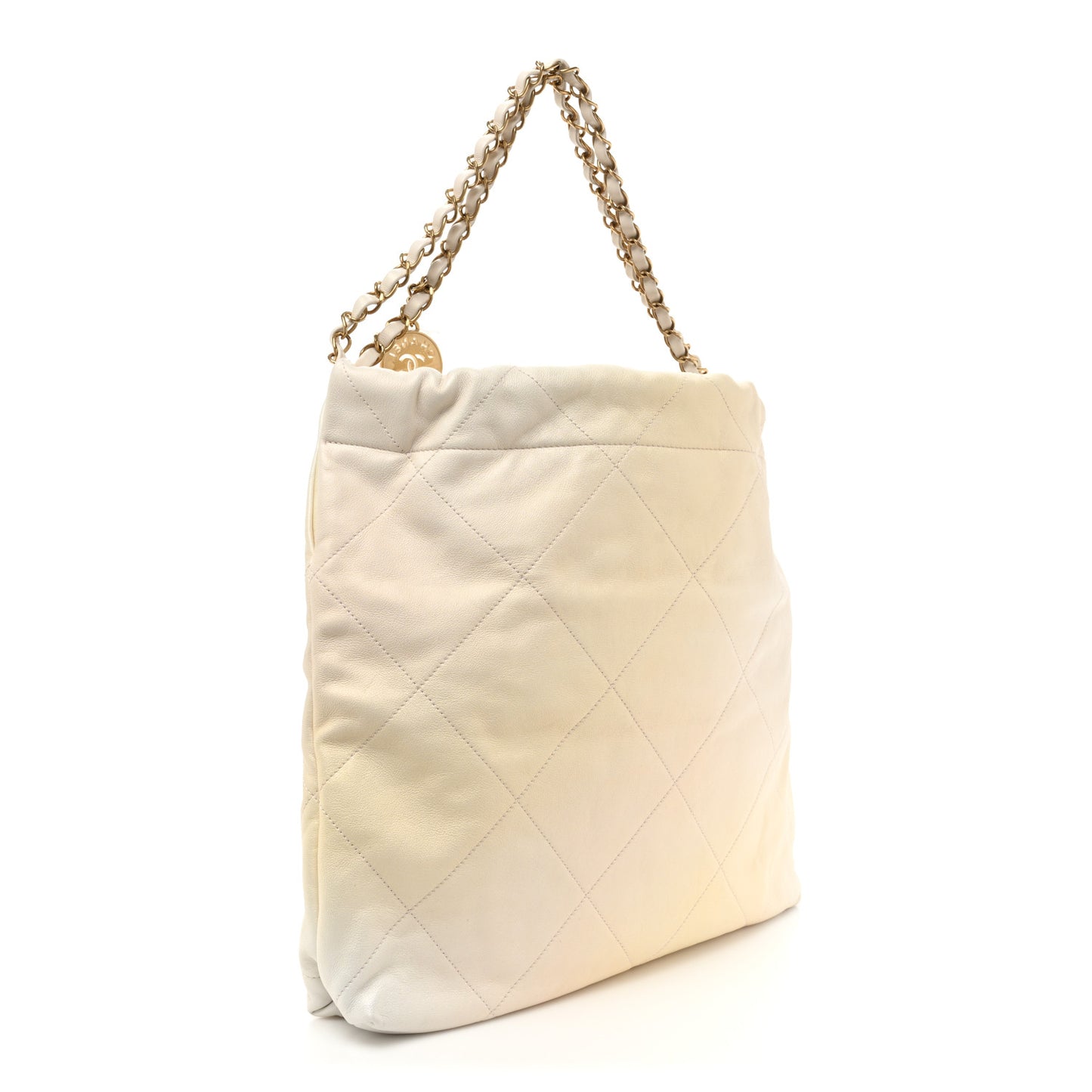 Iridescent Calfskin Quilted Chanel 22 Golden White
