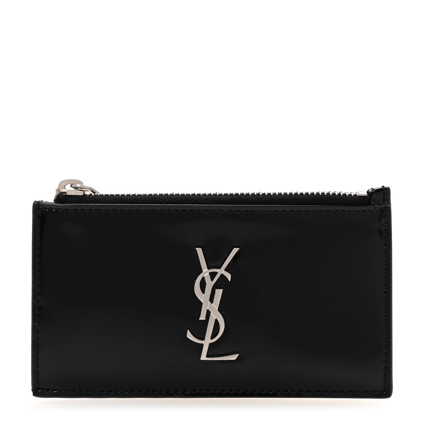 Saint Laurent Shiny Calfskin Monogram Fragments Zippered Card Case Black 1 of 6