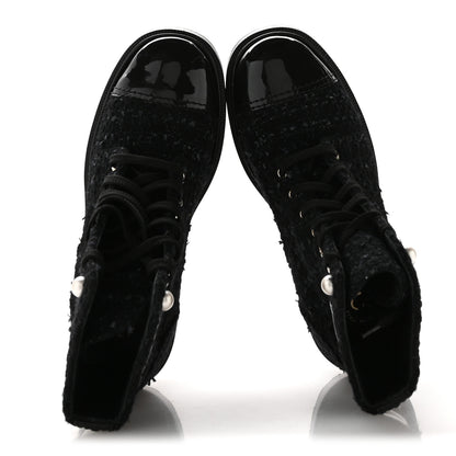 Chanel Tweed Patent Calfskin Pearl Combat Short Boots 37  Black Grey Blue 2 of 8