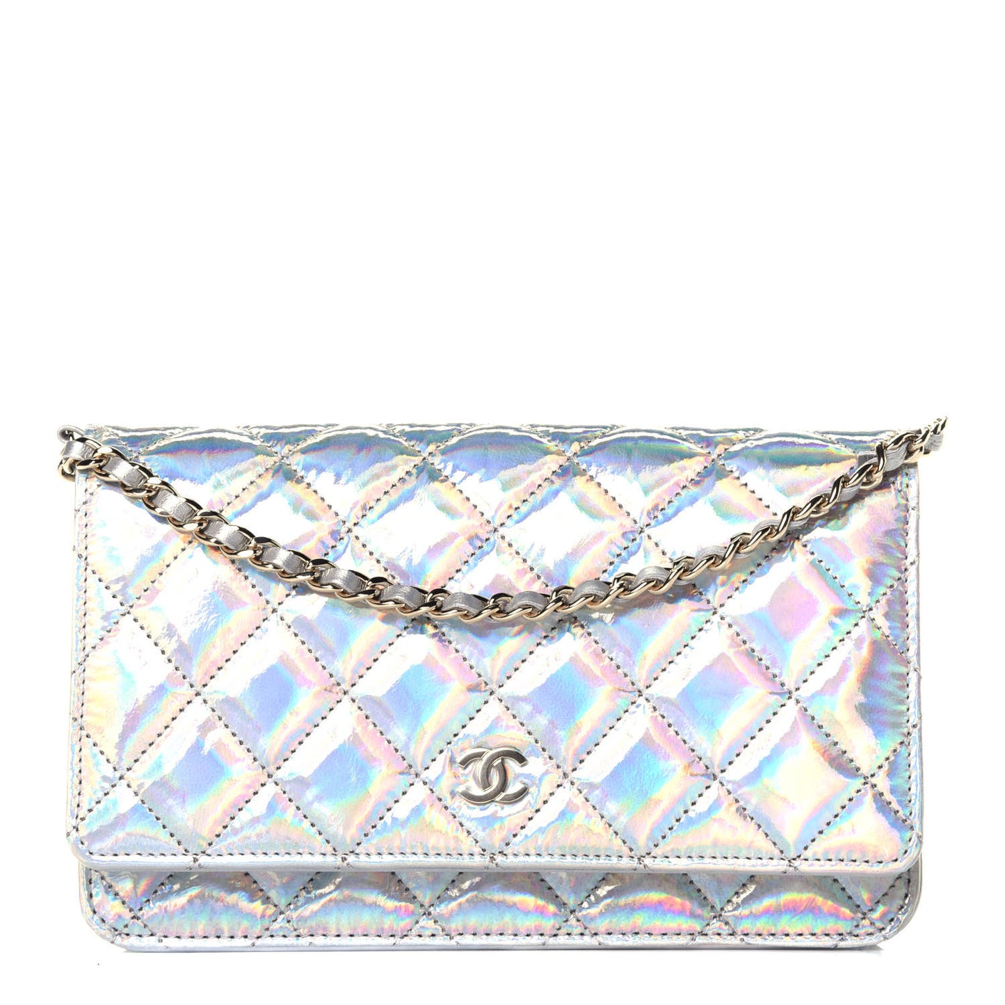 Iridescent Goatskin Quilted Wallet On Chain WOC Silver