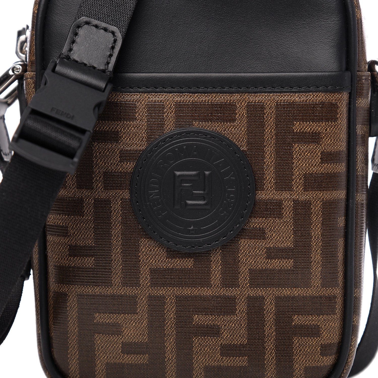 Fendi Glazed Fabric Vitello Century FF 1974 Stamp Patch Small Crossbody Messenger Mogano Panna Black 9 of 9