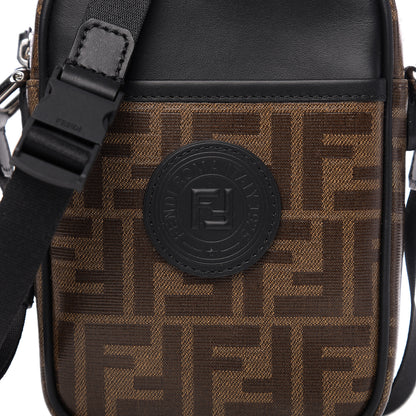Fendi Glazed Fabric Vitello Century FF 1974 Stamp Patch Small Crossbody Messenger Mogano Panna Black 9 of 9