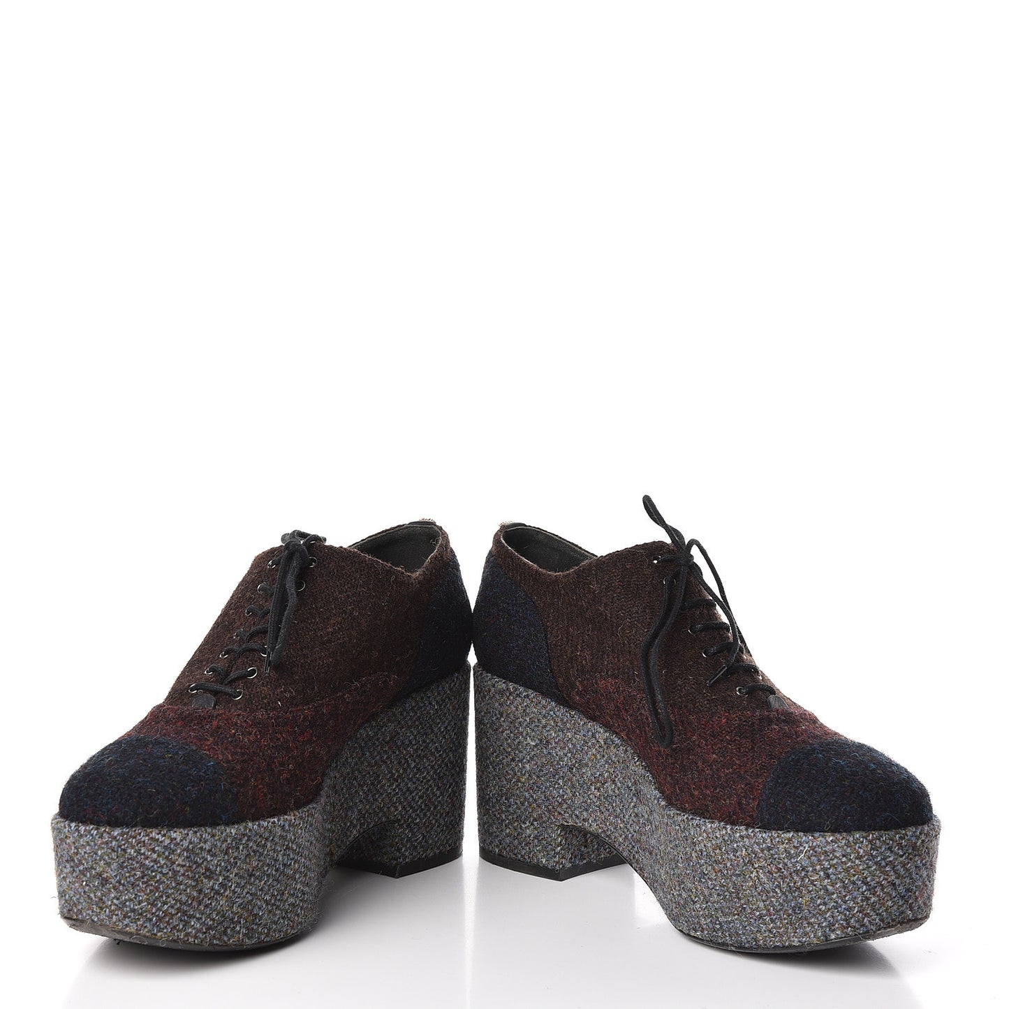 Tweed Lace Up Platform Oxford 40.5 Burgundy Navy Grey