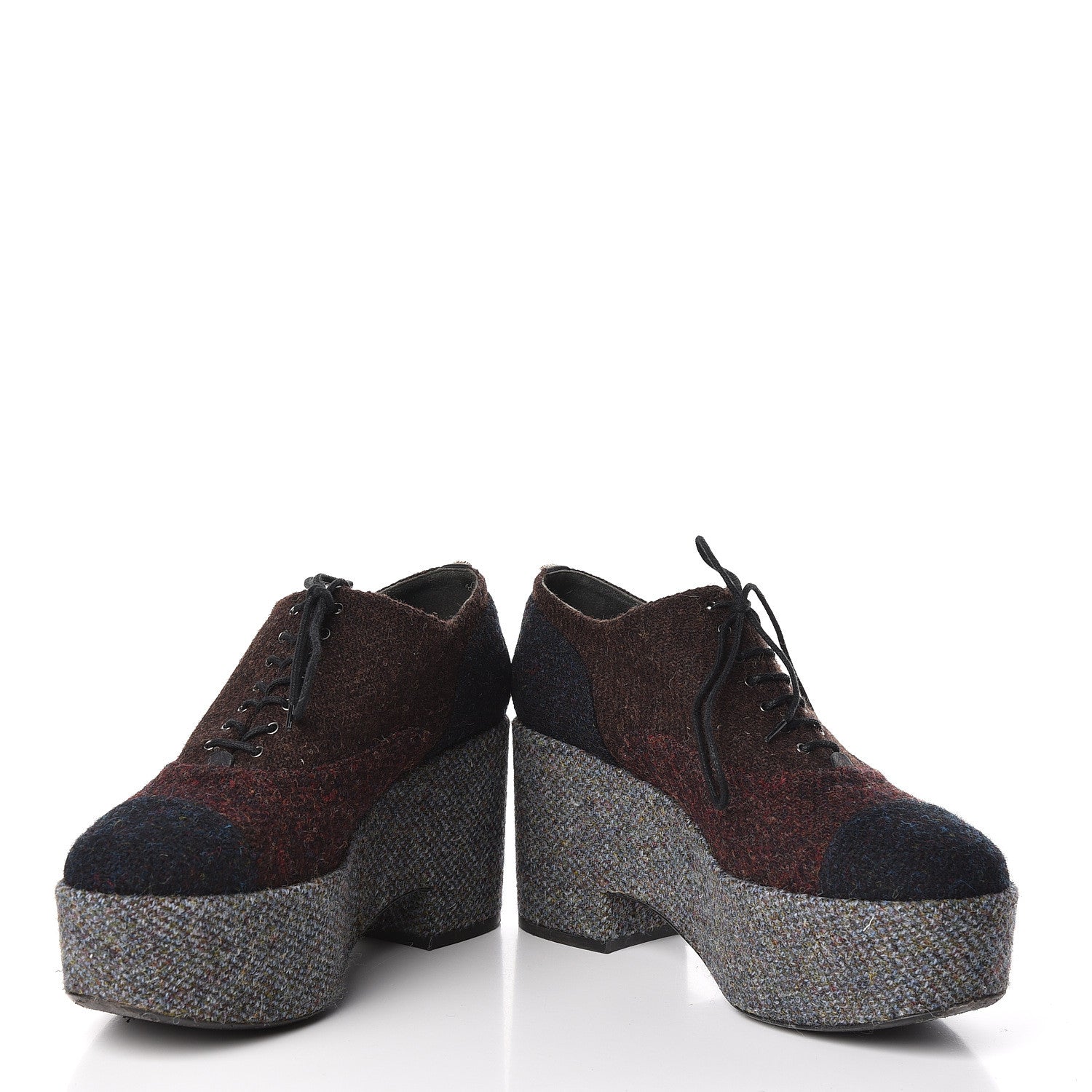 Chanel Tweed Lace Up Platform Oxford 40.5 Burgundy Navy Grey 6 of 13