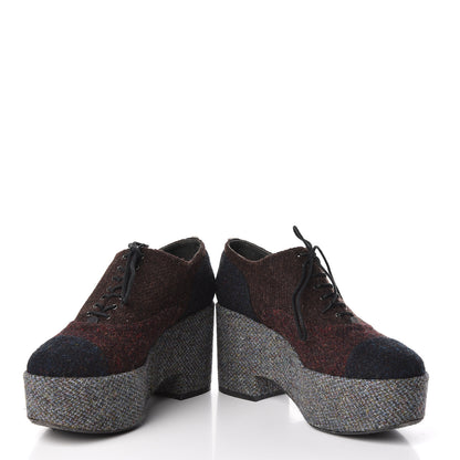 Chanel Tweed Lace Up Platform Oxford 40.5 Burgundy Navy Grey 6 of 13