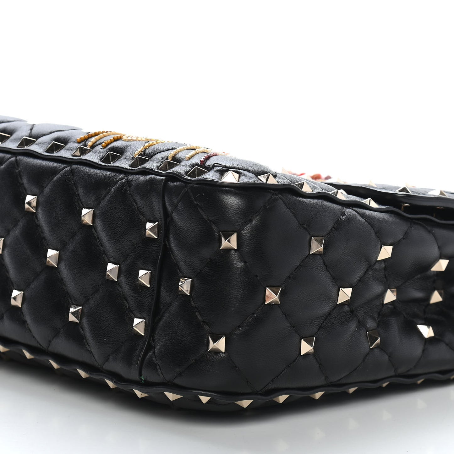 Lambskin Medium Floral Embellished Rockstud Spike Shoulder Bag Black