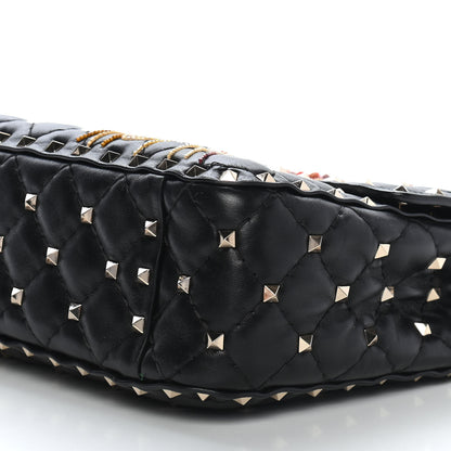 Valentino Garavani Lambskin Medium Floral Embellished Rockstud Spike Shoulder Bag Black 8 of 9