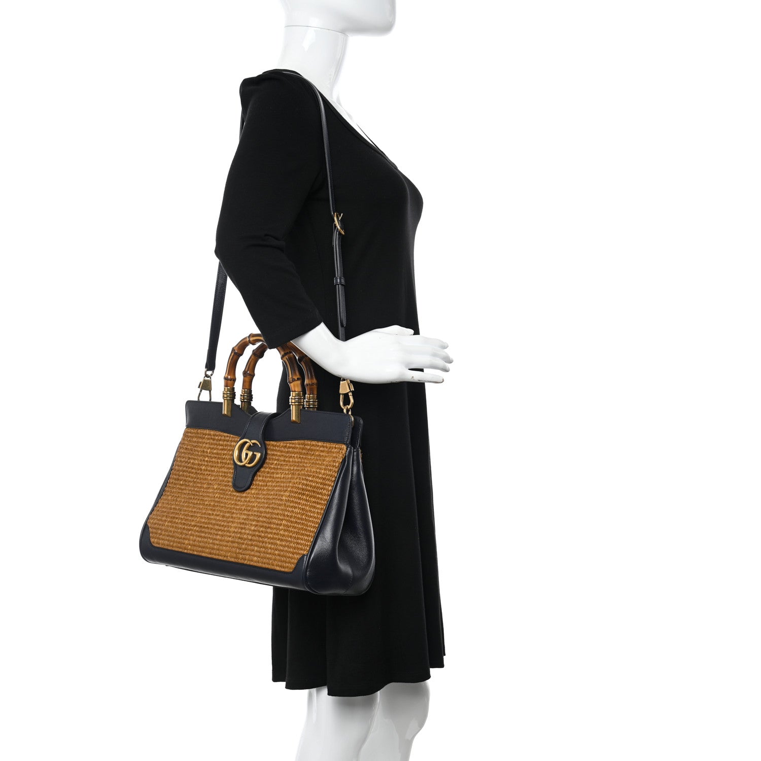 Gucci Straw Lux New Sakai Calfskin Lux Medium Dahlia Bamboo Handle Tote Bag Dark Natural Blue 2 of 14