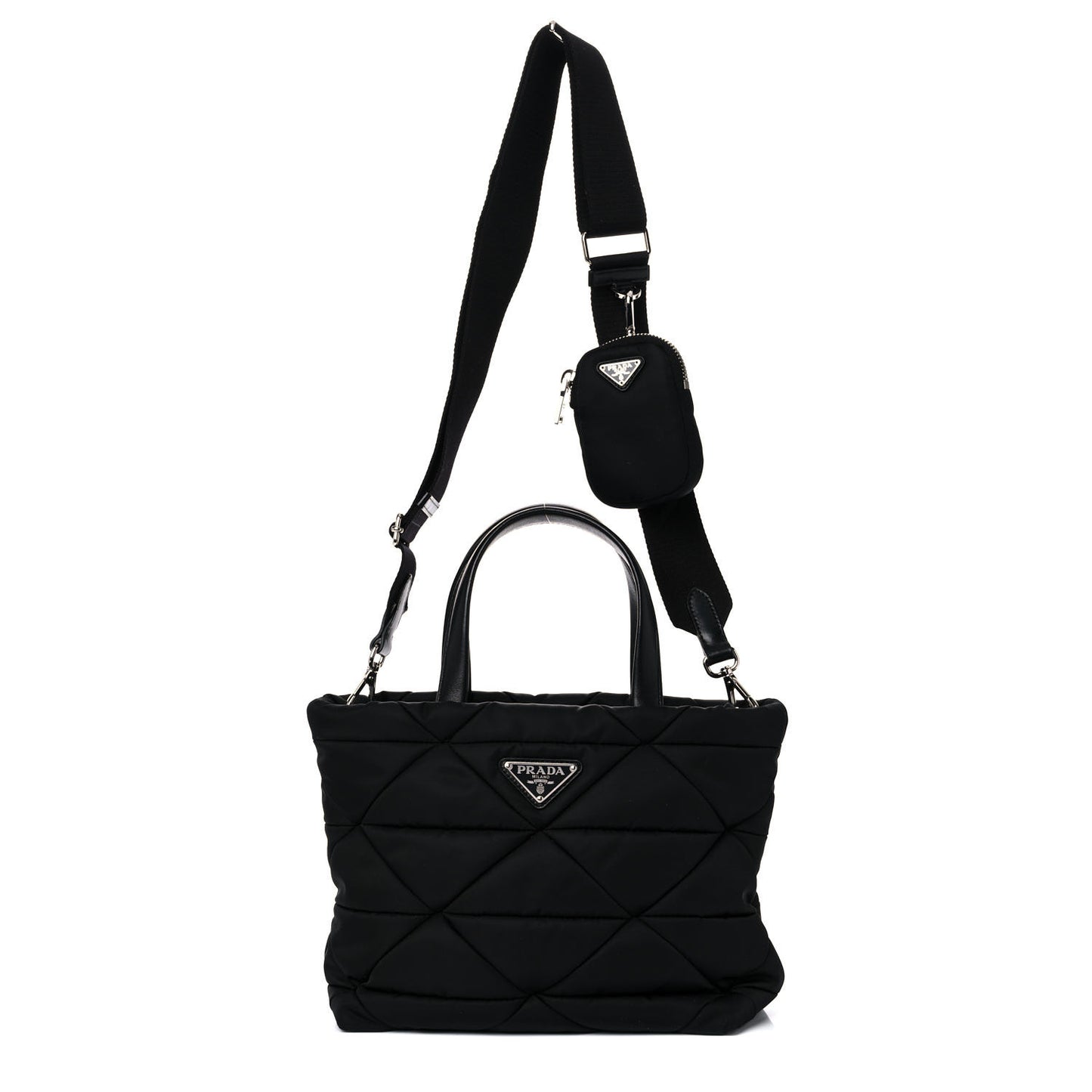Re-Nylon Nappa Triangle Quilted Padded Double Handled Zip Pocket Tote Black