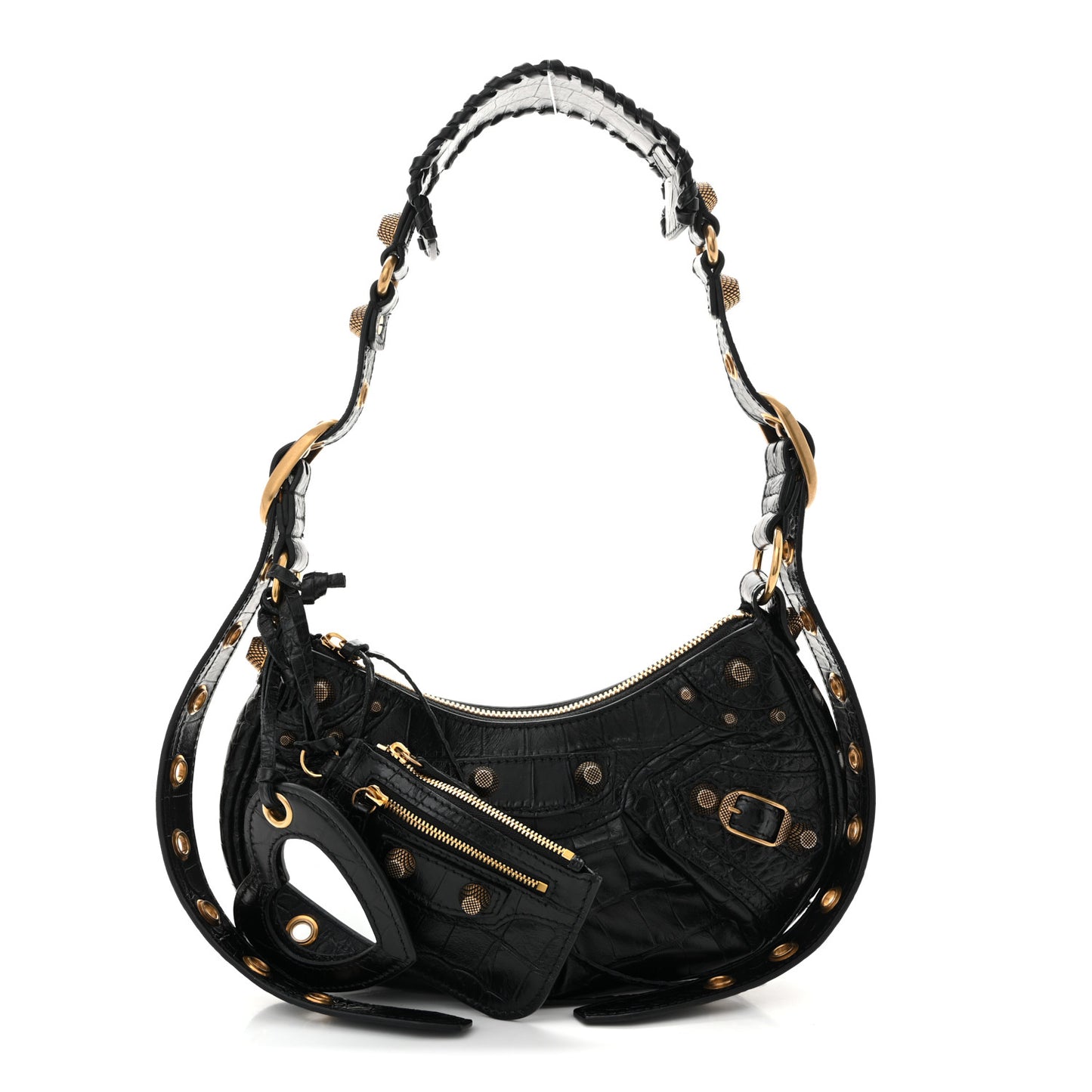Extra Supple Calfskin Crocodile Embossed Le Cagole Shoulder Bag XS Black