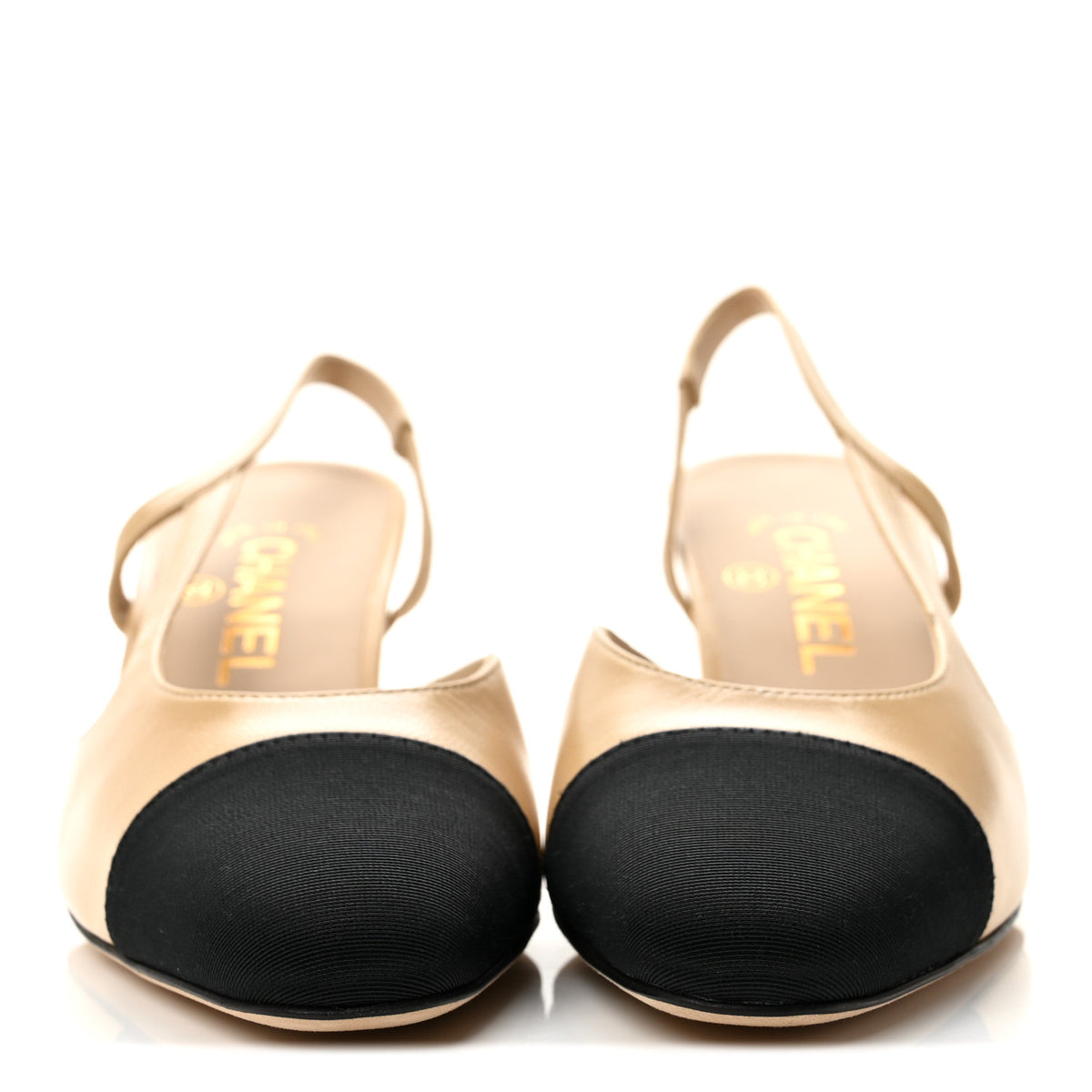 Chanel Goatskin Grosgrain Cap Toe CC Slingback Pumps 36.5 Beige Black 3 of 10