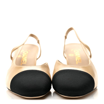 Chanel Goatskin Grosgrain Cap Toe CC Slingback Pumps 36.5 Beige Black 3 of 10