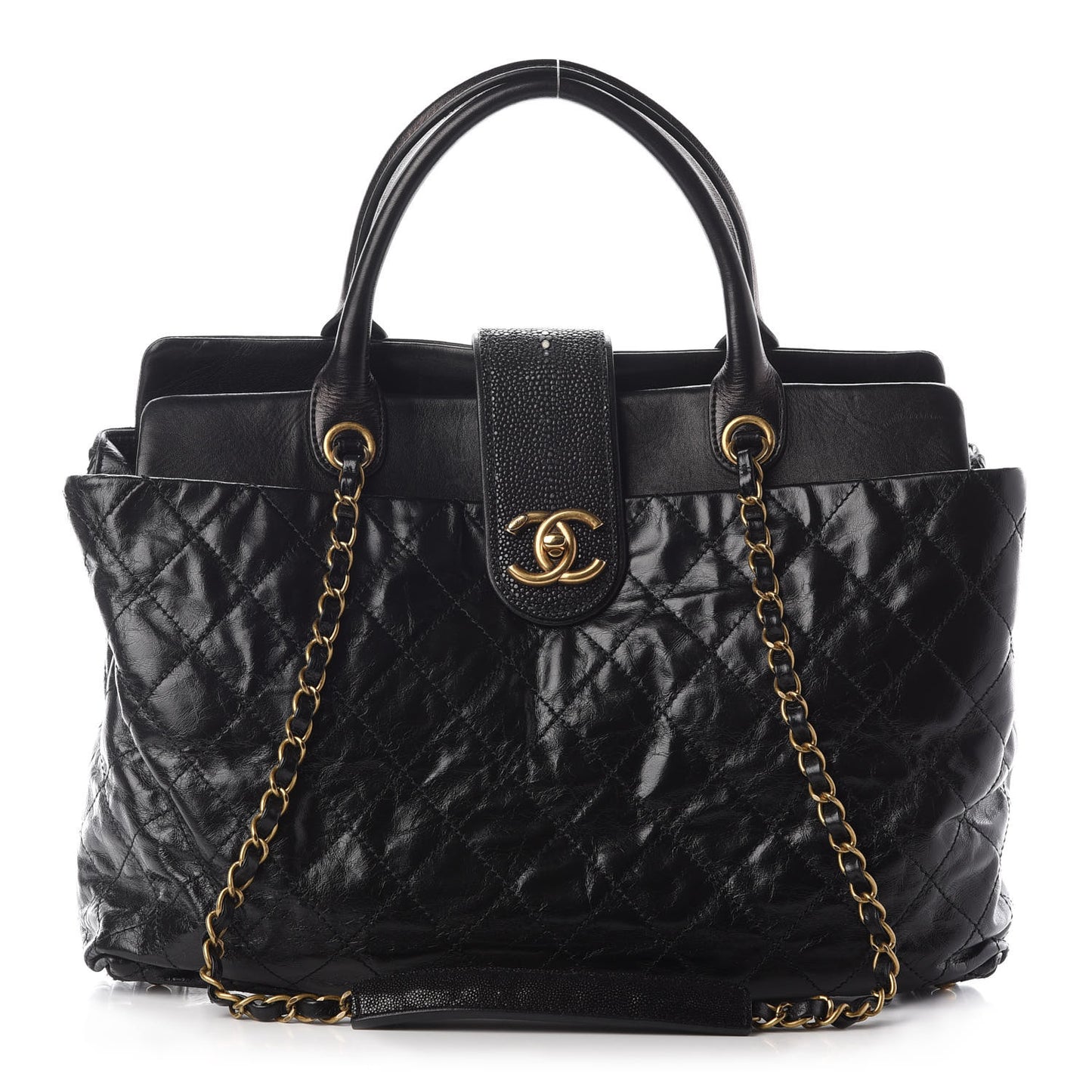 Glazed Calfskin Stingray Large Bindi CC Tote Black