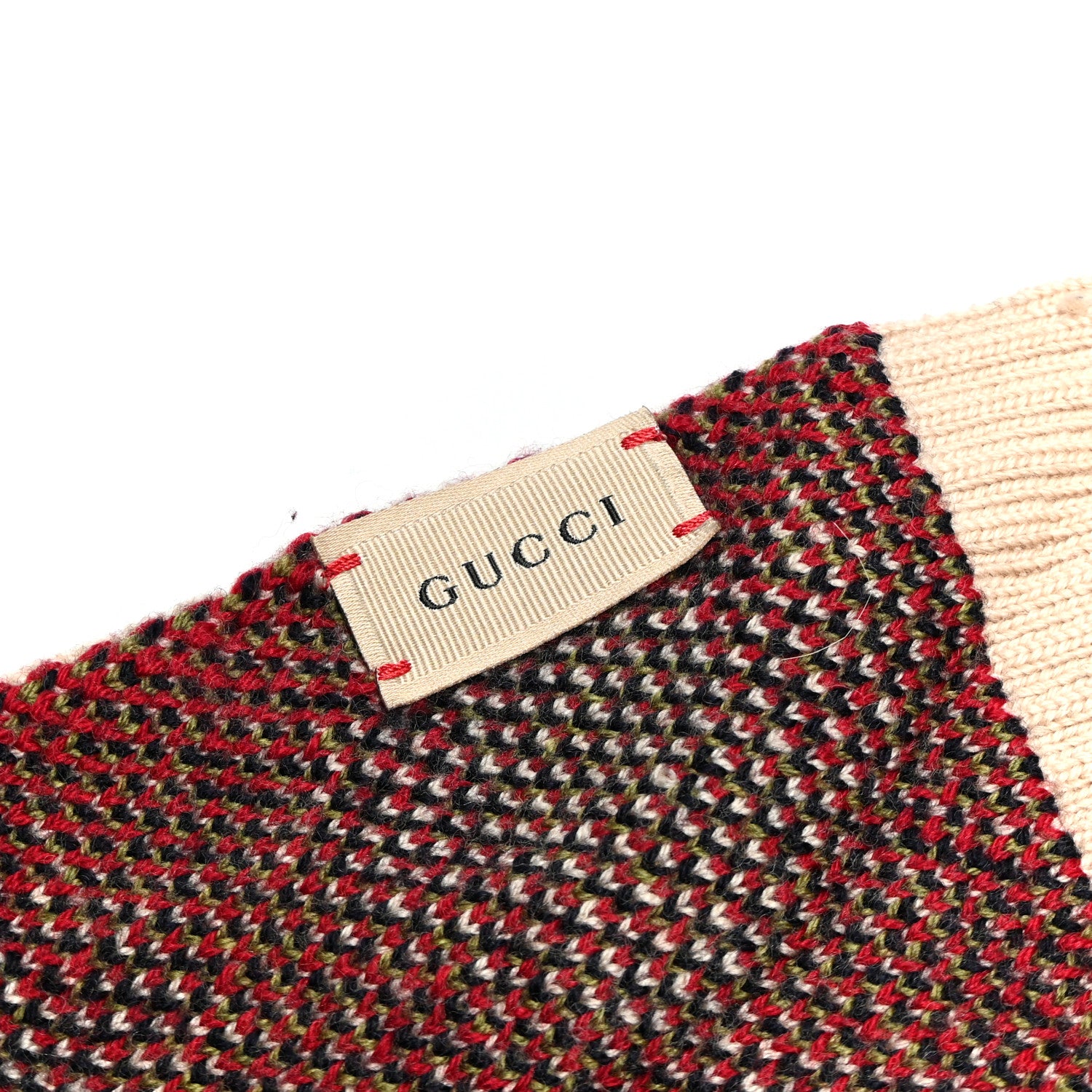 Gucci Wool Knit Scarf Beige Red 6 of 10