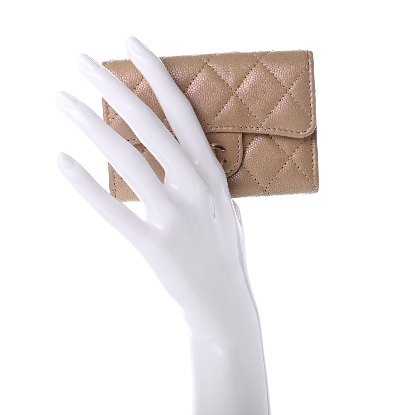 Iridescent Caviar Quilted Flap Card Holder Wallet Beige