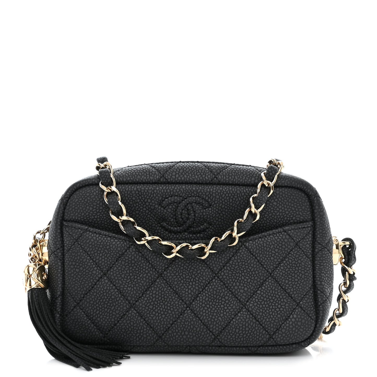 Iridescent Caviar Quilted Mini Coco Tassel Camera Case Black