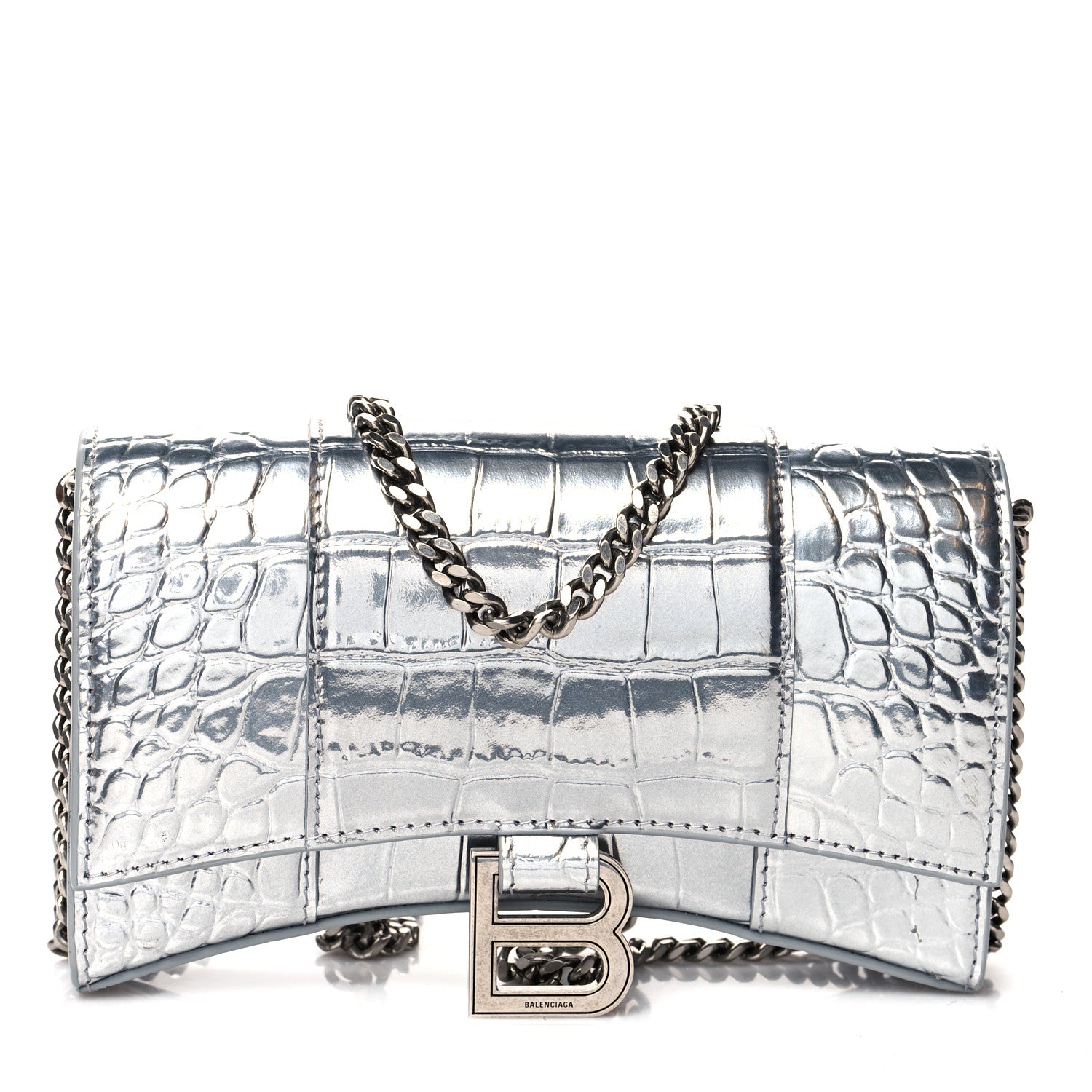 Balenciaga Metallic Calfskin Crocodile Embossed Hourglass Chain Bag Silver 1 of 8