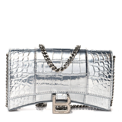 Balenciaga Metallic Calfskin Crocodile Embossed Hourglass Chain Bag Silver 1 of 8