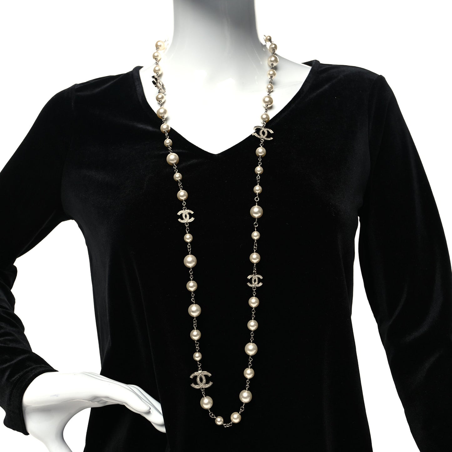 Crystal Pearl CC Long Necklace Silver