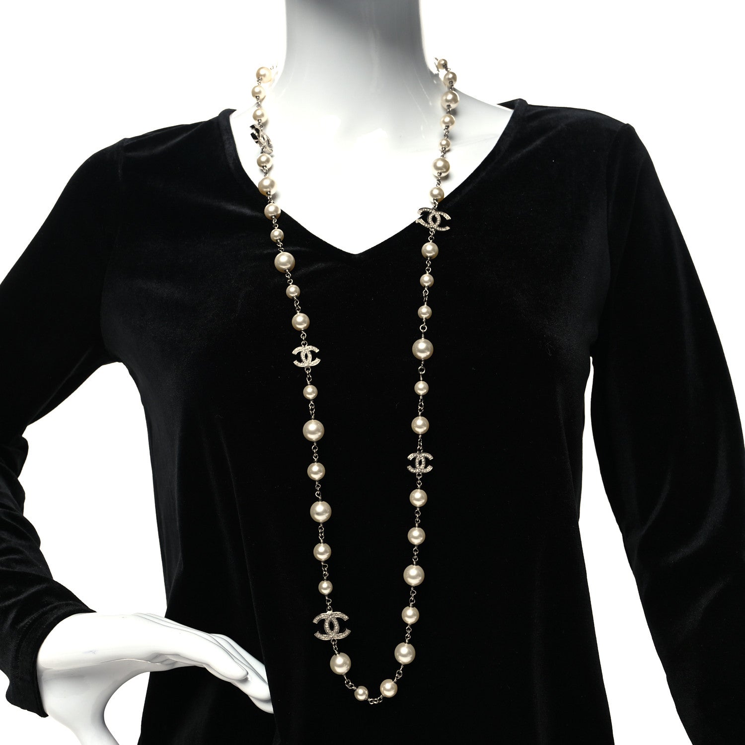 Chanel Crystal Pearl CC Long Necklace Silver 2 of 5