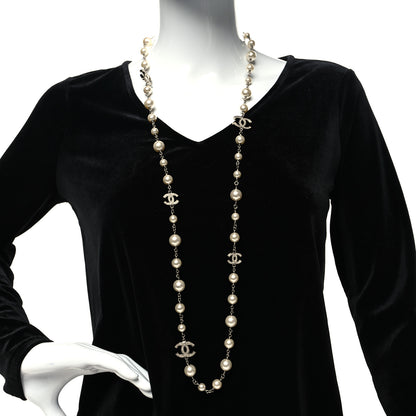 Chanel Crystal Pearl CC Long Necklace Silver 2 of 5