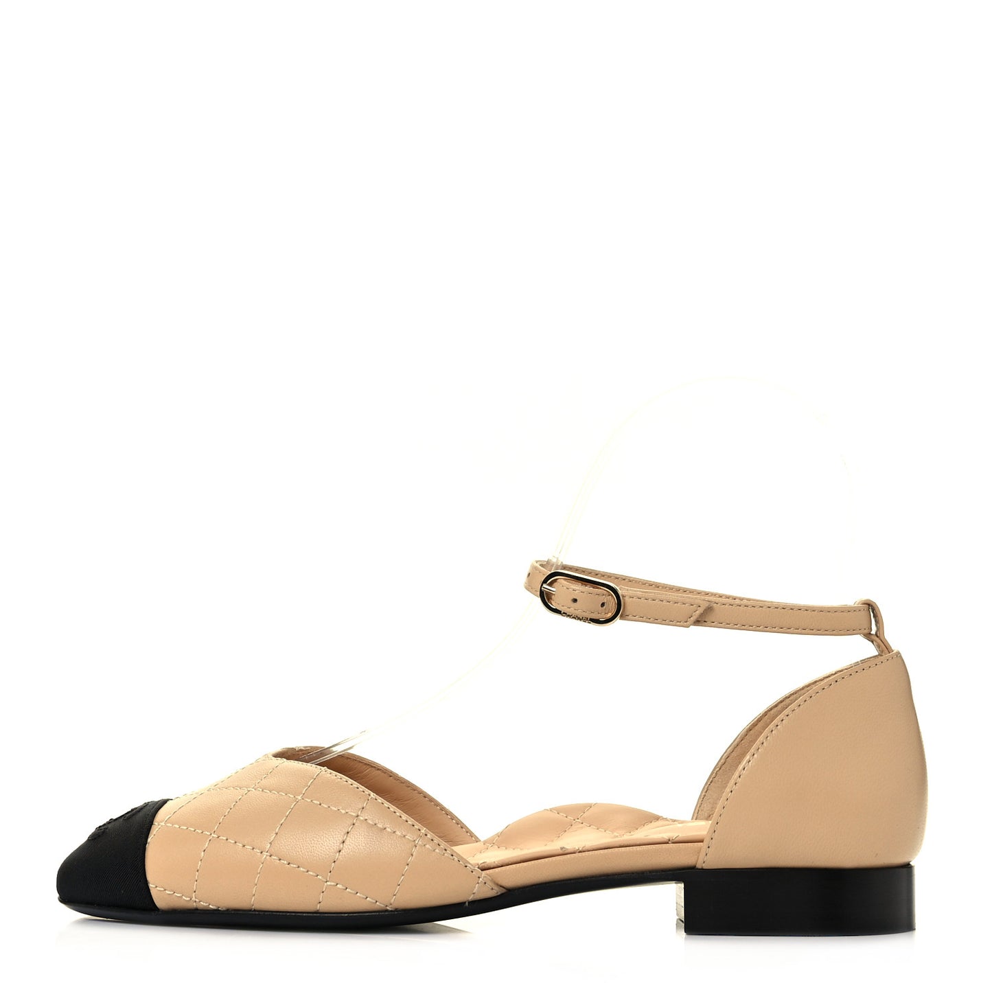 Lambskin Grosgrain Cap Toe CC Ankle Strap Sandals 36 Beige Black